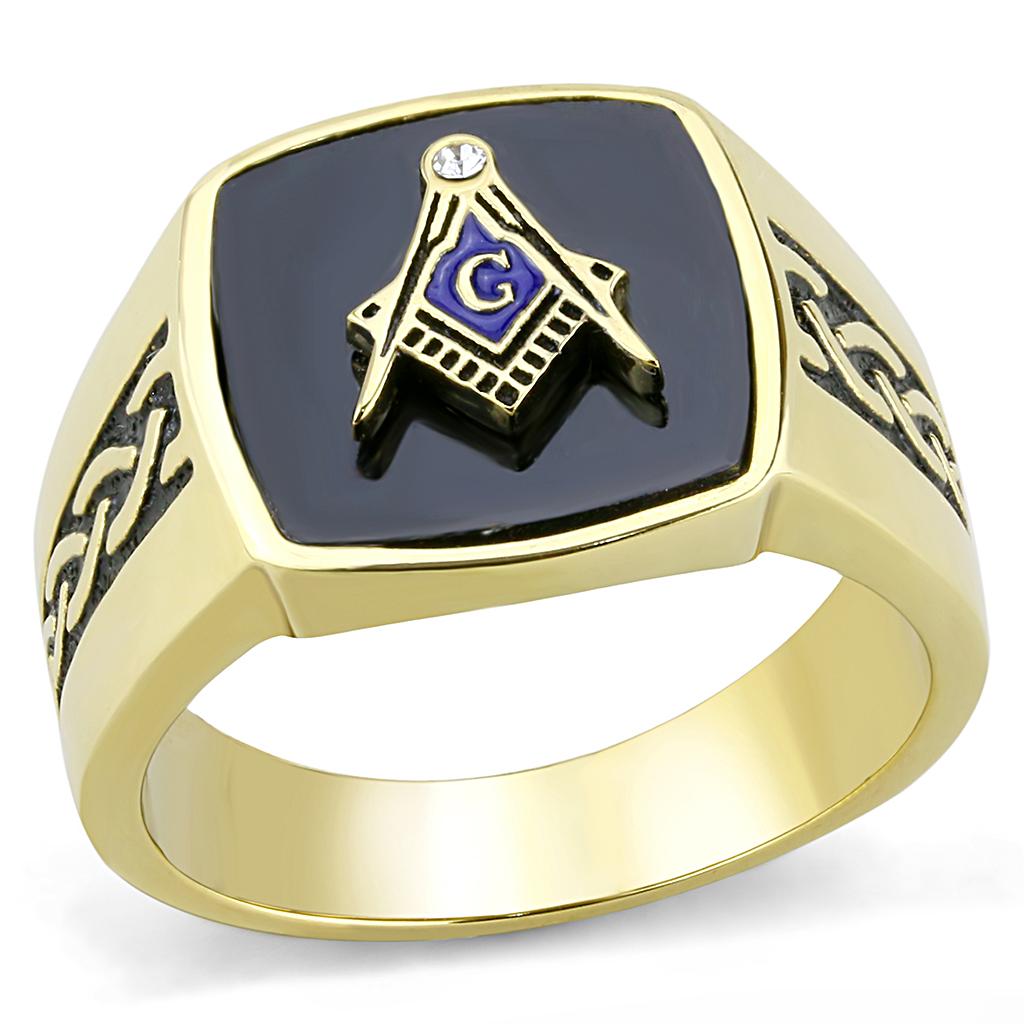 IP Gold(Ion Plating) Stainless Steel Ring with Synthetic Onyx in Jet