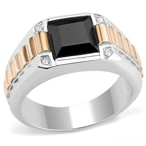 Two-Tone IP Rose Gold Stainless Steel Ring with Synthetic Onyx in Jet