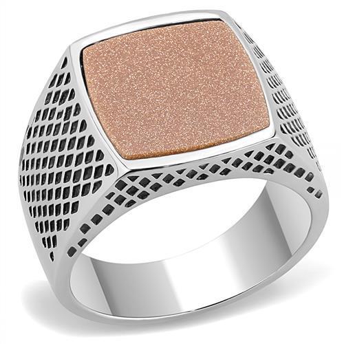 High polished (no plating) Stainless Steel Ring with Semi-Precious Gold Sand Stone in Siam