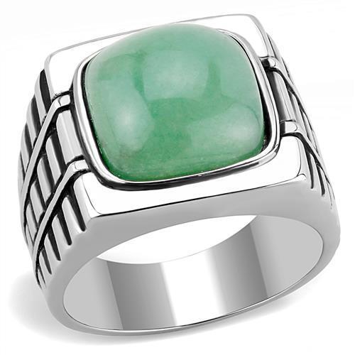 High polished (no plating) Stainless Steel Ring with Synthetic Jade in Emerald