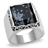 High polished (no plating) Stainless Steel Ring with Semi-Precious Snowflake Obsidian in Jet