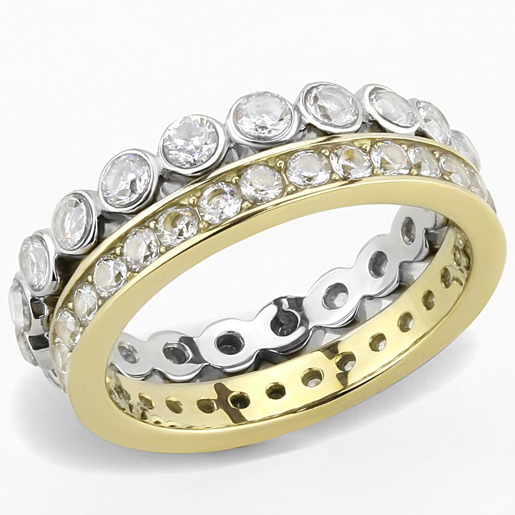 Two-Tone IP Gold (Ion Plating) Stainless Steel Ring with AAA Grade CZ  in Clear