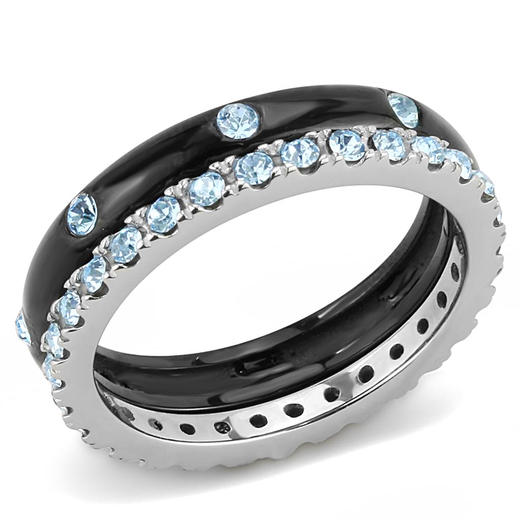 Two-Tone IP Black (Ion Plating) Stainless Steel Ring with Top Grade Crystal  in Sea Blue
