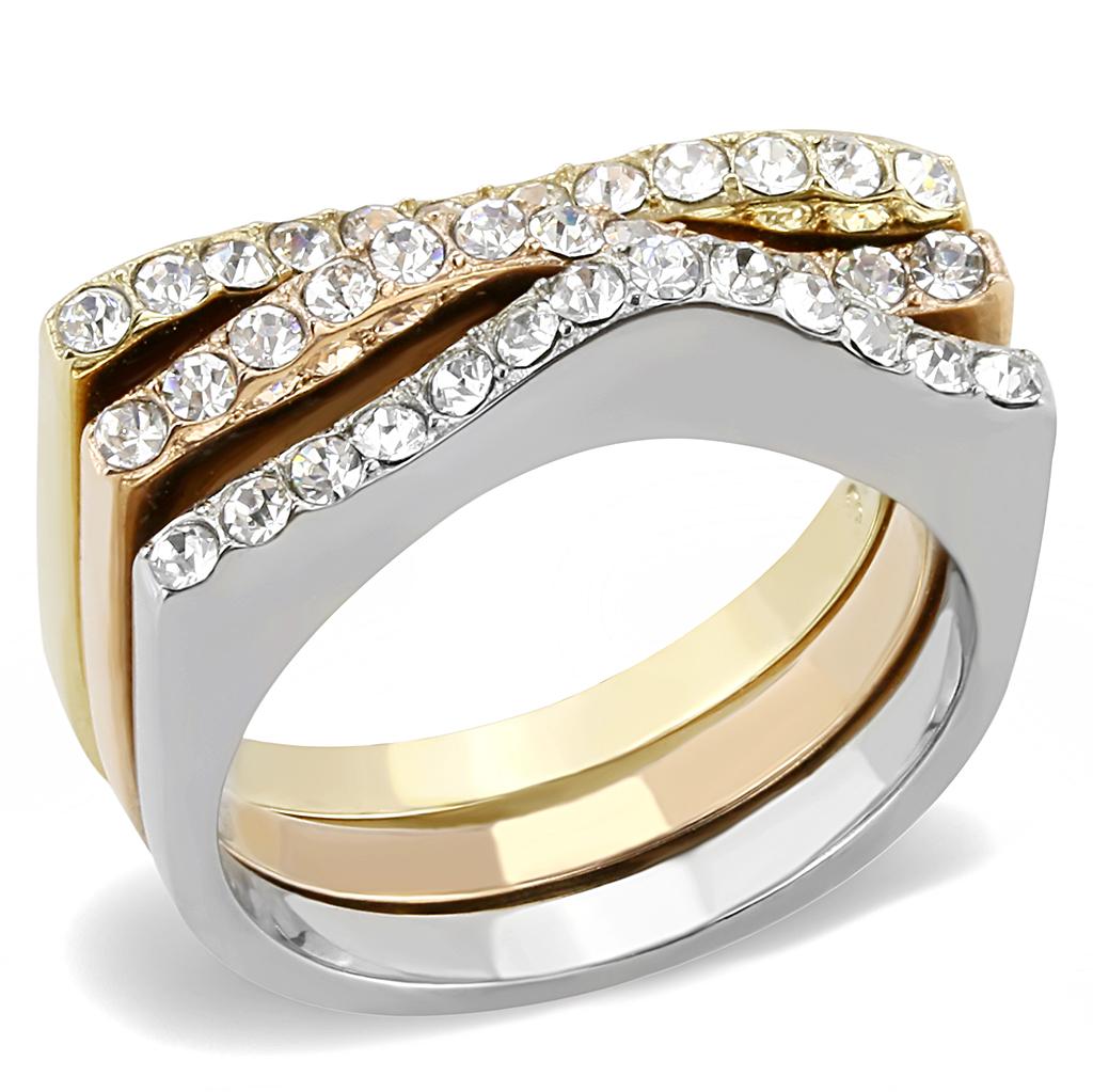 Three Tone (IP Gold & IP Rose Gold & High Polished) Stainless Steel Ring with Top Grade Crystal  in Clear