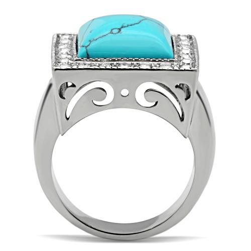 High polished (no plating) Stainless Steel Ring with Synthetic Turquoise in Sea Blue