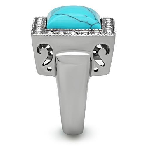 High polished (no plating) Stainless Steel Ring with Synthetic Turquoise in Sea Blue