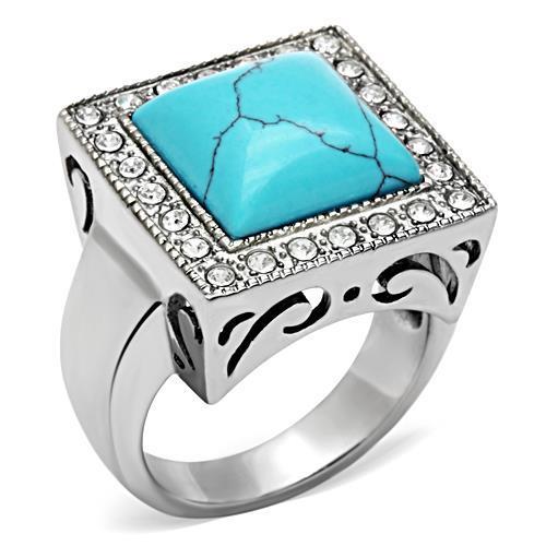 High polished (no plating) Stainless Steel Ring with Synthetic Turquoise in Sea Blue
