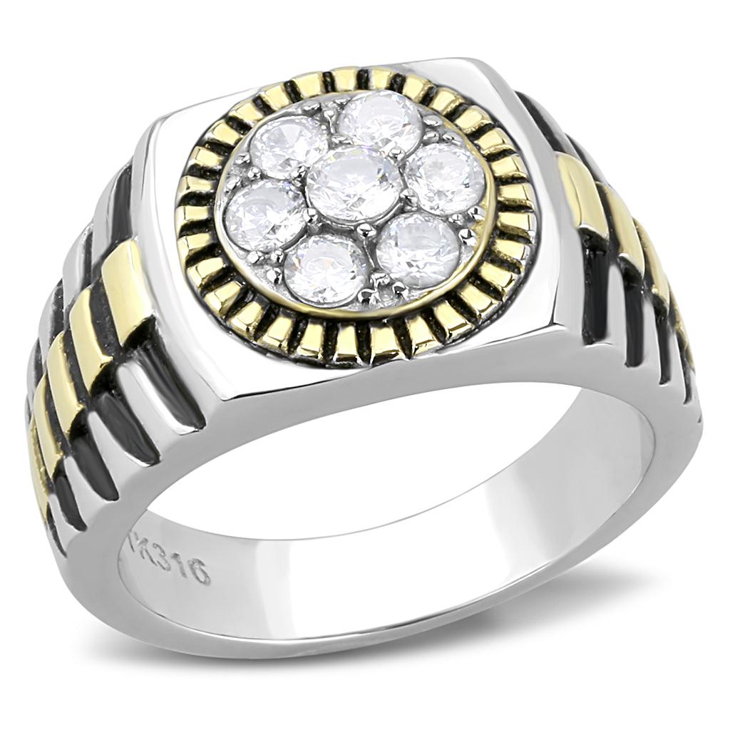 Two-Tone IP Gold (Ion Plating) Stainless Steel Ring with AAA Grade CZ  in Clear