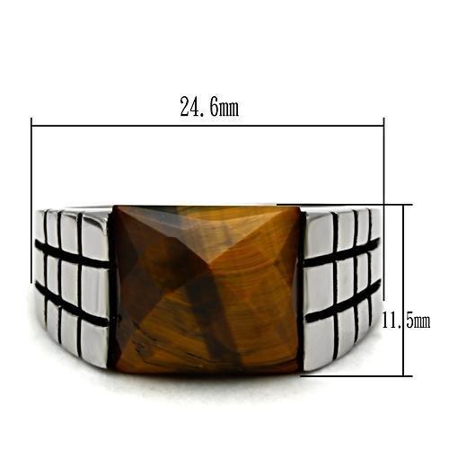 High polished (no plating) Stainless Steel Ring with Semi-Precious Tiger Eye in Smoked Quartz