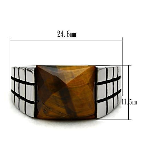 High polished (no plating) Stainless Steel Ring with Semi-Precious Tiger Eye in Smoked Quartz