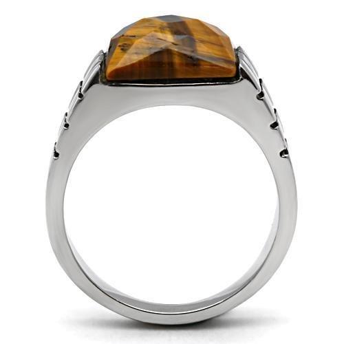 High polished (no plating) Stainless Steel Ring with Semi-Precious Tiger Eye in Smoked Quartz