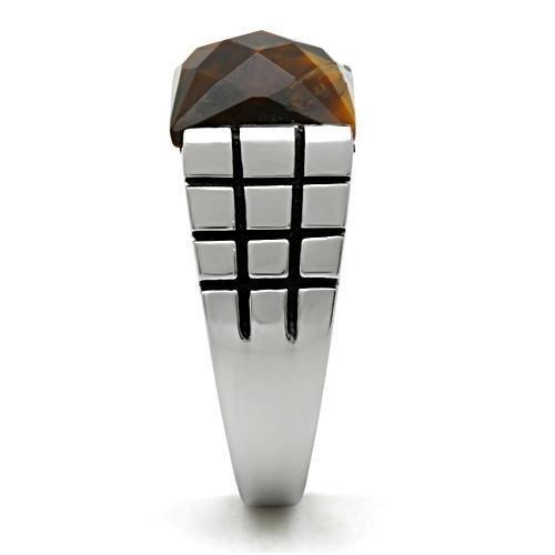 High polished (no plating) Stainless Steel Ring with Semi-Precious Tiger Eye in Smoked Quartz