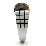 High polished (no plating) Stainless Steel Ring with Semi-Precious Tiger Eye in Smoked Quartz