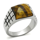 High polished (no plating) Stainless Steel Ring with Semi-Precious Tiger Eye in Smoked Quartz