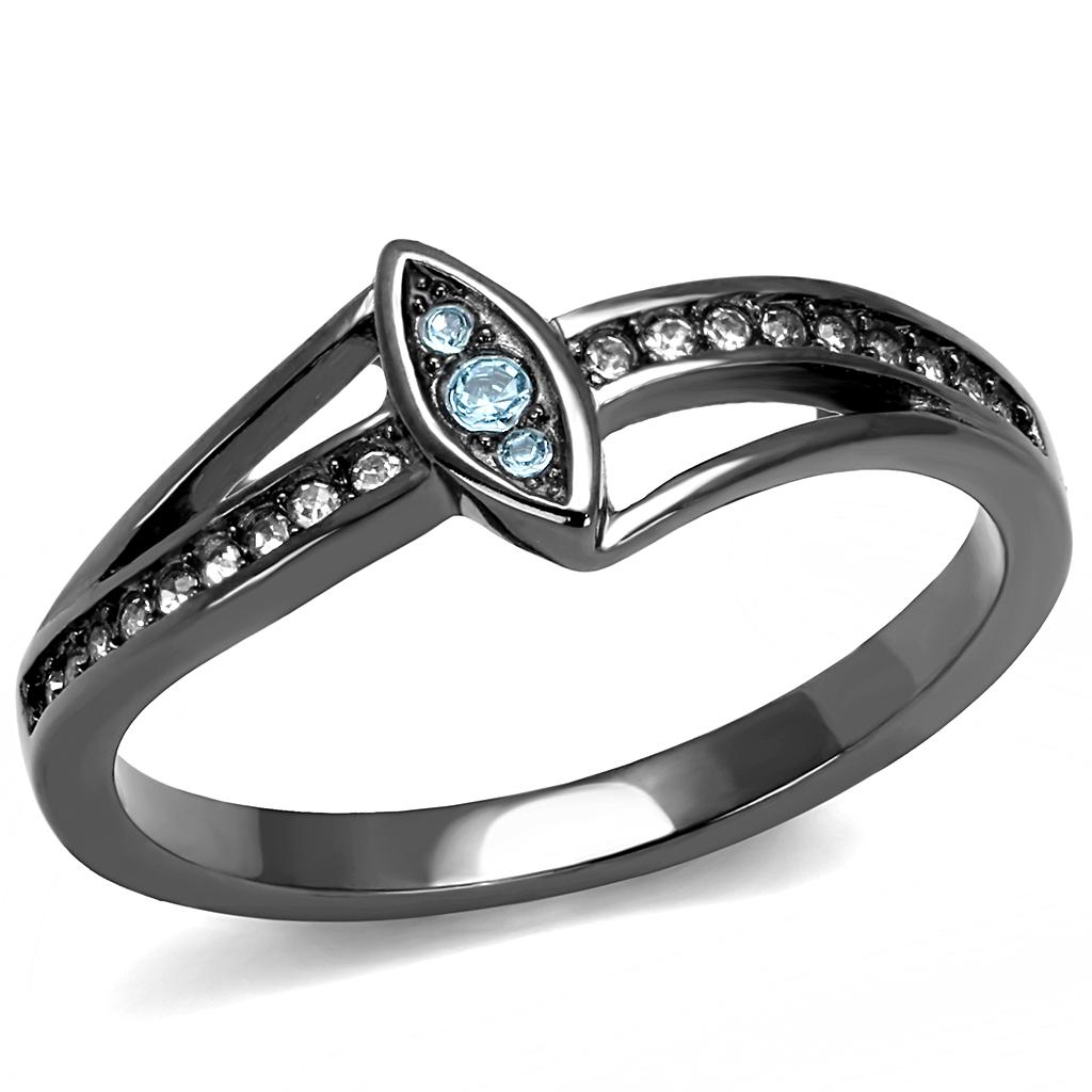 IP Light Black  (IP Gun) Stainless Steel Ring with Top Grade Crystal  in Sea Blue