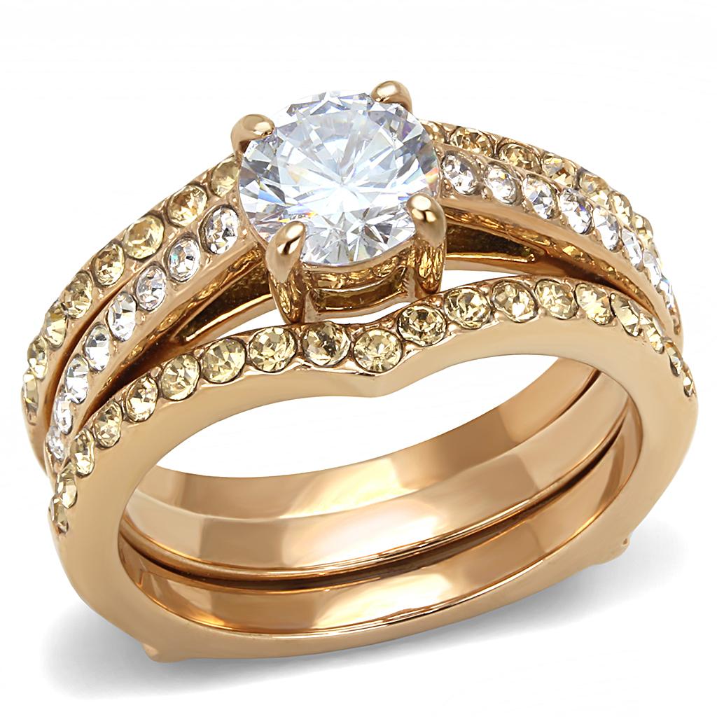 IP Rose Gold(Ion Plating) Stainless Steel Ring with AAA Grade CZ  in Clear