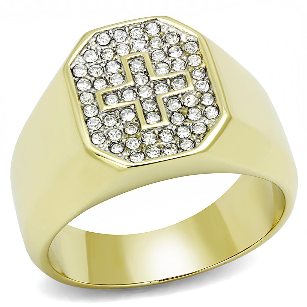 Two-Tone IP Gold (Ion Plating) Stainless Steel Ring with Top Grade Crystal  in Clear