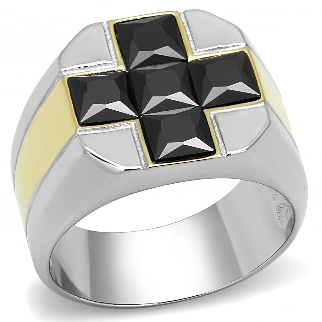 Two-Tone IP Gold (Ion Plating) Stainless Steel Ring with AAA Grade CZ  in Black Diamond