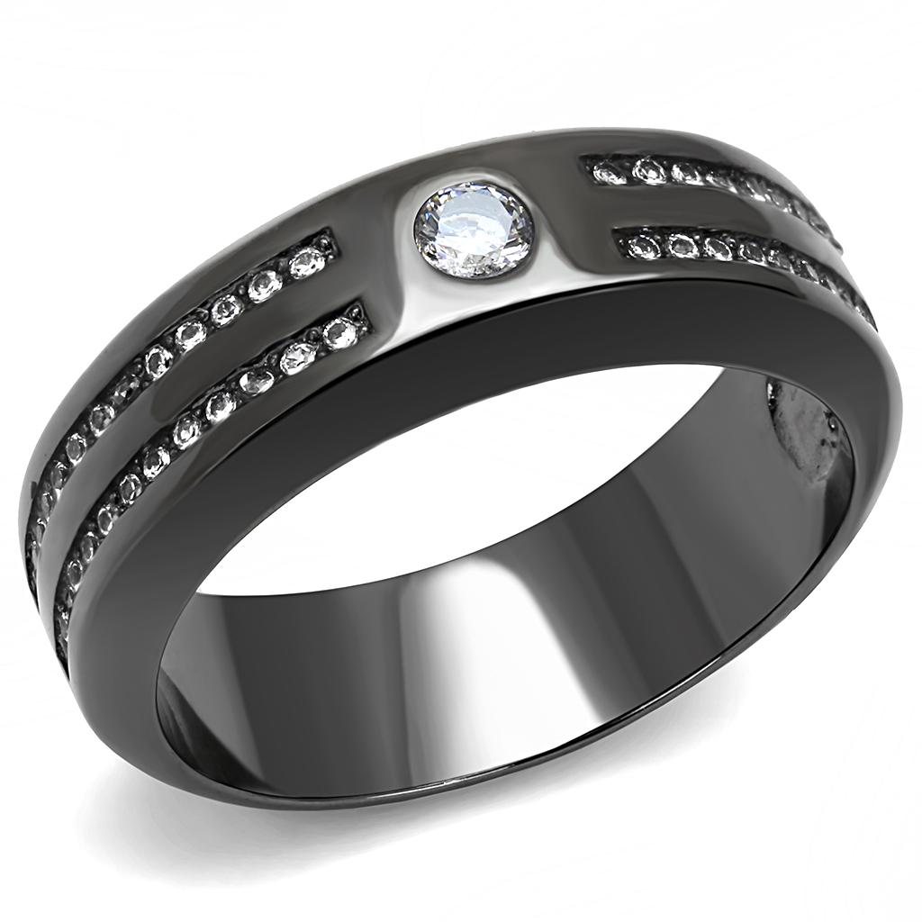 IP Light Black  (IP Gun) Stainless Steel Ring with AAA Grade CZ  in Clear