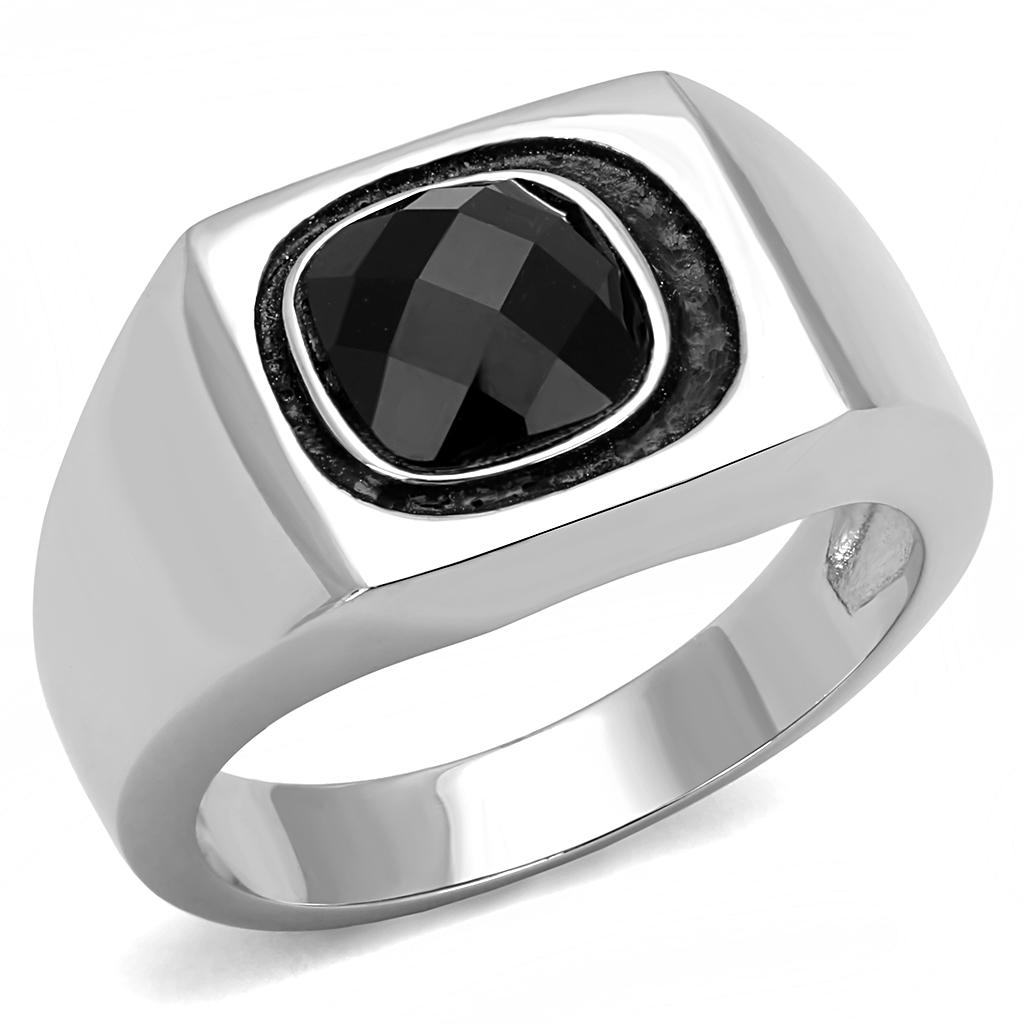 High polished (no plating) Stainless Steel Ring with Synthetic Synthetic Glass in Jet