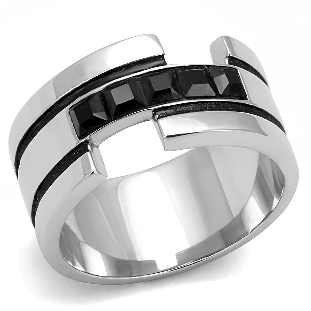 High polished (no plating) Stainless Steel Ring with Top Grade Crystal  in Jet