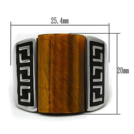 High polished (no plating) Stainless Steel Ring with Semi-Precious Tiger Eye in Smoked Quartz