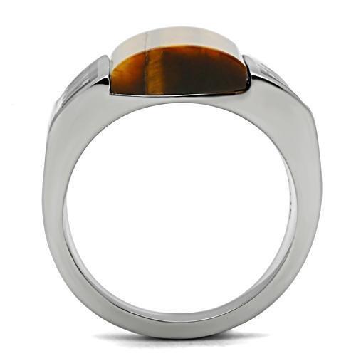 High polished (no plating) Stainless Steel Ring with Semi-Precious Tiger Eye in Smoked Quartz