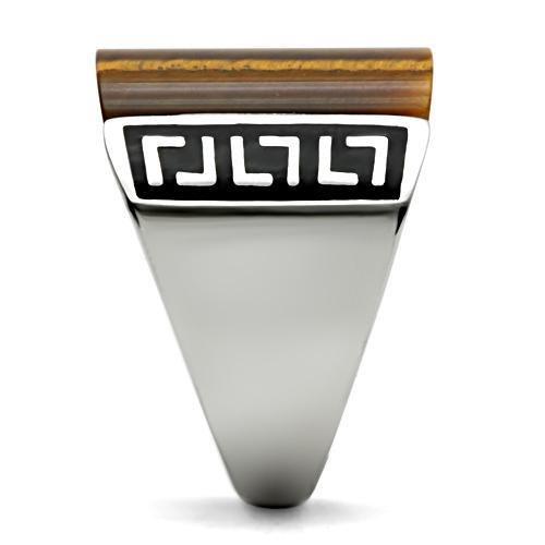 High polished (no plating) Stainless Steel Ring with Semi-Precious Tiger Eye in Smoked Quartz
