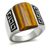 High polished (no plating) Stainless Steel Ring with Semi-Precious Tiger Eye in Smoked Quartz
