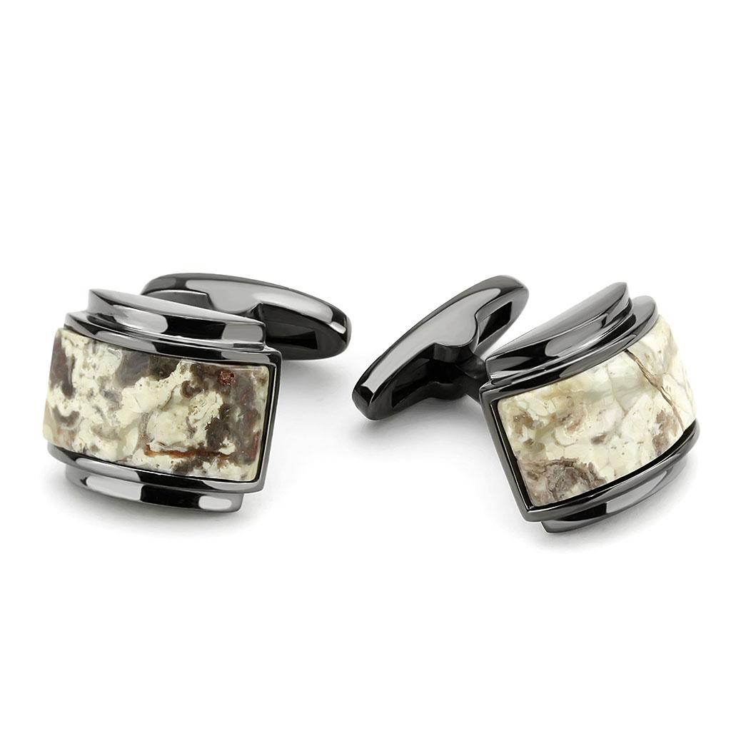 IP Light Black  (IP Gun) Stainless Steel Cufflink with Semi-Precious Oligoclase in Animal pattern