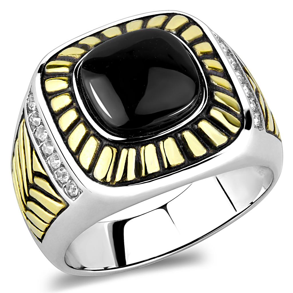 Two-Tone IP Gold (Ion Plating) Stainless Steel Ring with Synthetic Onyx in Jet