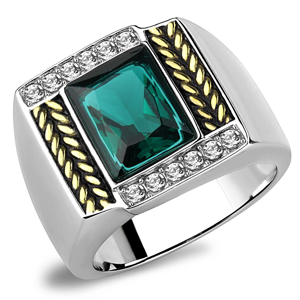 Two-Tone IP Gold (Ion Plating) Stainless Steel Ring with Synthetic Synthetic Glass in Blue Zircon