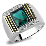 Two-Tone IP Gold (Ion Plating) Stainless Steel Ring with Synthetic Synthetic Glass in Blue Zircon