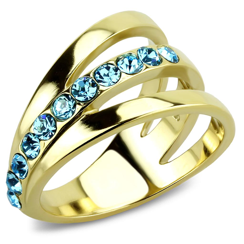 IP Gold(Ion Plating) Stainless Steel Ring with Top Grade Crystal  in Sea Blue
