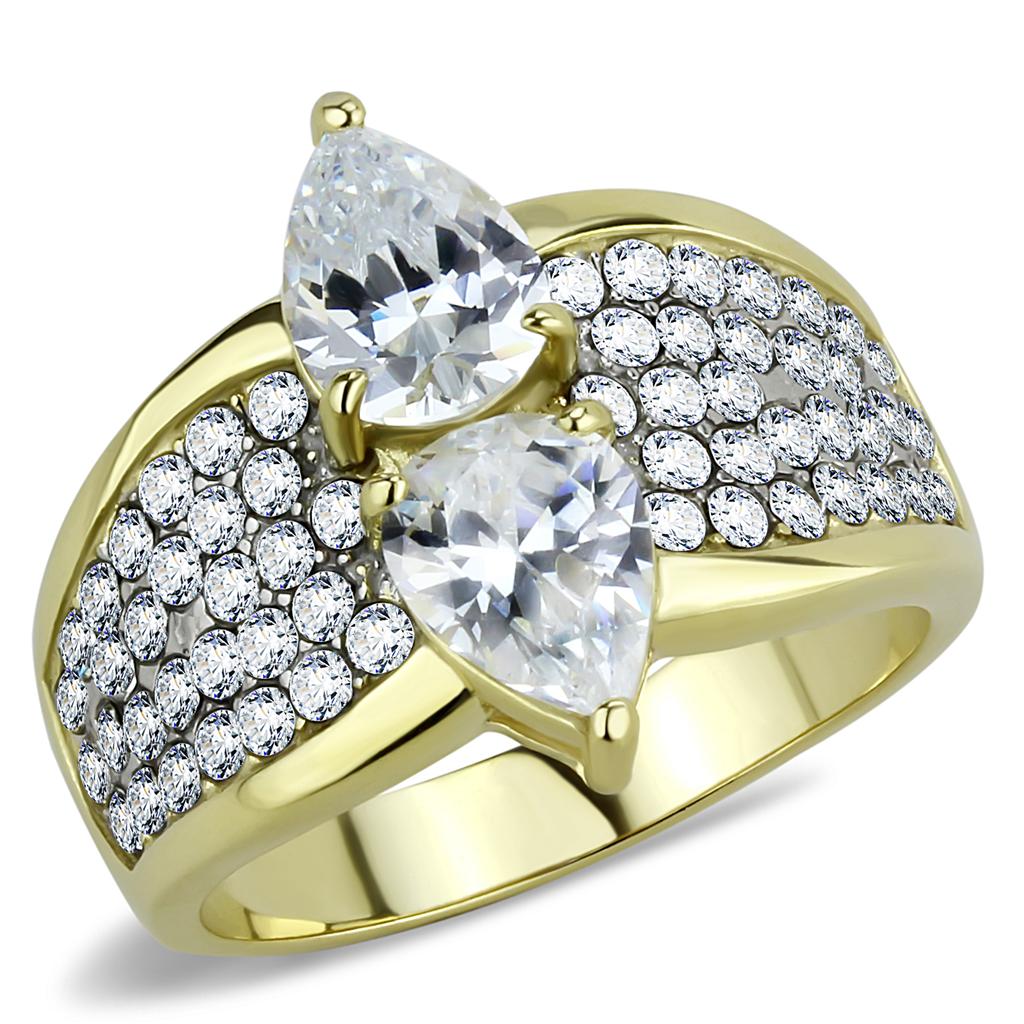 Two-Tone IP Gold (Ion Plating) Stainless Steel Ring with AAA Grade CZ  in Clear