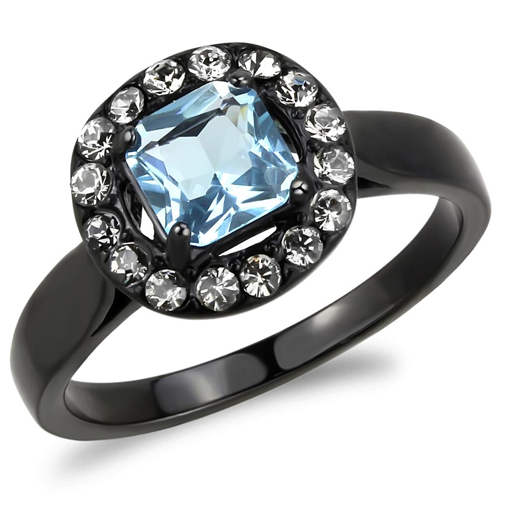 IP Black(Ion Plating) Stainless Steel Ring with Synthetic Synthetic Glass in Sea Blue