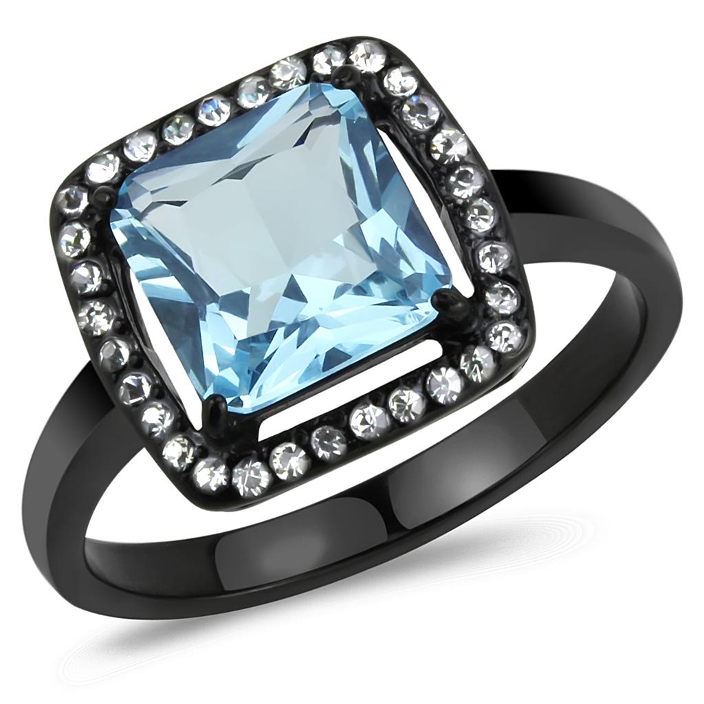 IP Black(Ion Plating) Stainless Steel Ring with Synthetic Synthetic Glass in Sea Blue