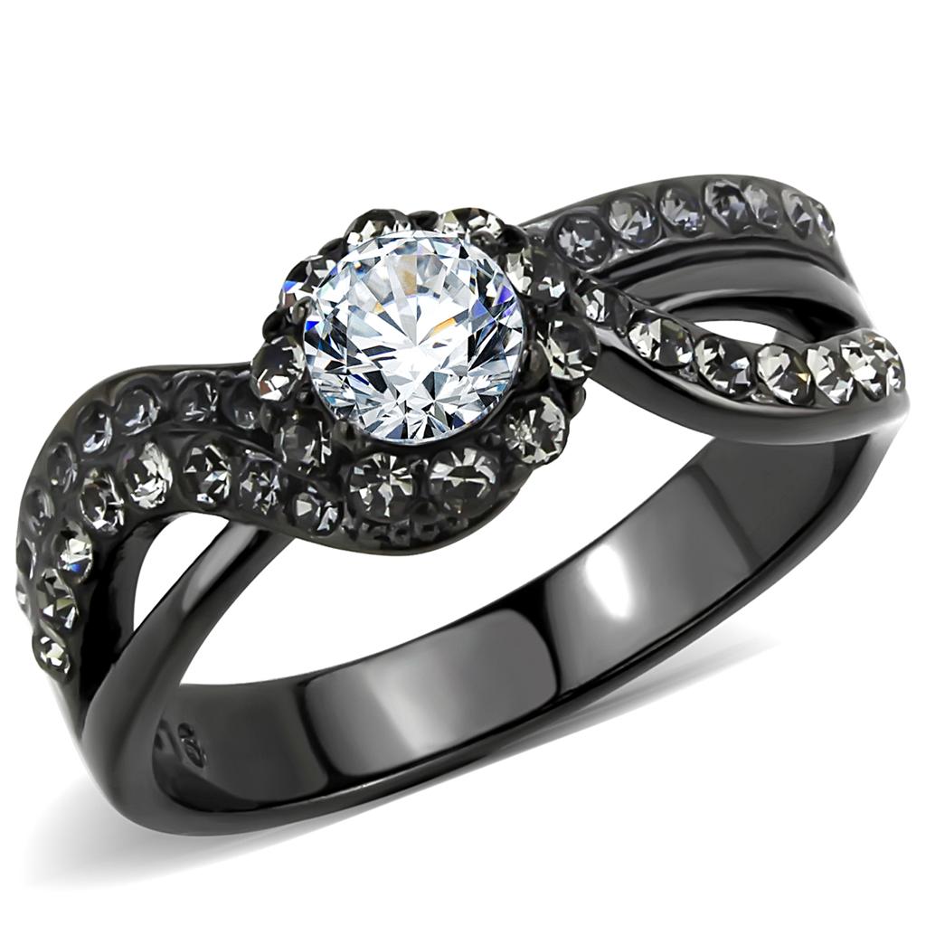 IP Light Black  (IP Gun) Stainless Steel Ring with AAA Grade CZ  in Clear