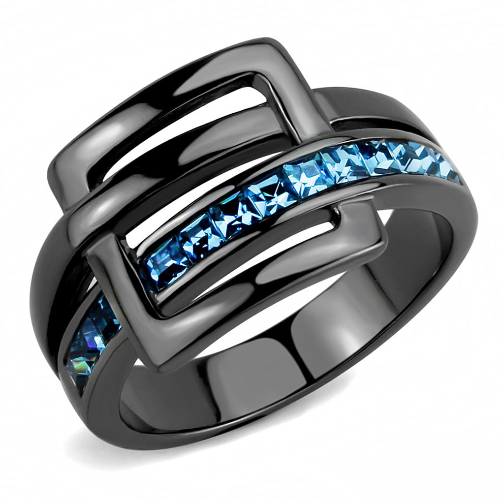 IP Light Black  (IP Gun) Stainless Steel Ring with Top Grade Crystal  in Sea Blue