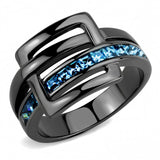 IP Light Black  (IP Gun) Stainless Steel Ring with Top Grade Crystal  in Sea Blue