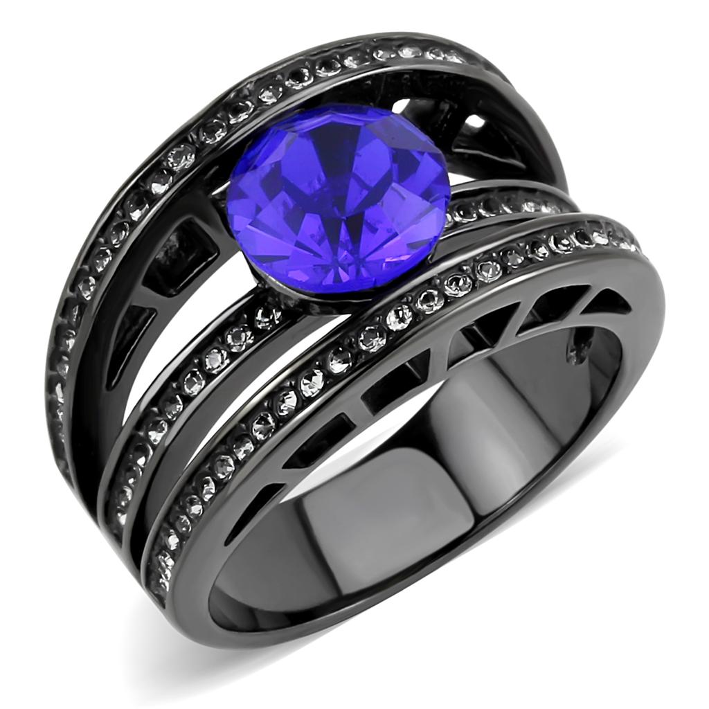 IP Light Black  (IP Gun) Stainless Steel Ring with Top Grade Crystal  in Sapphire
