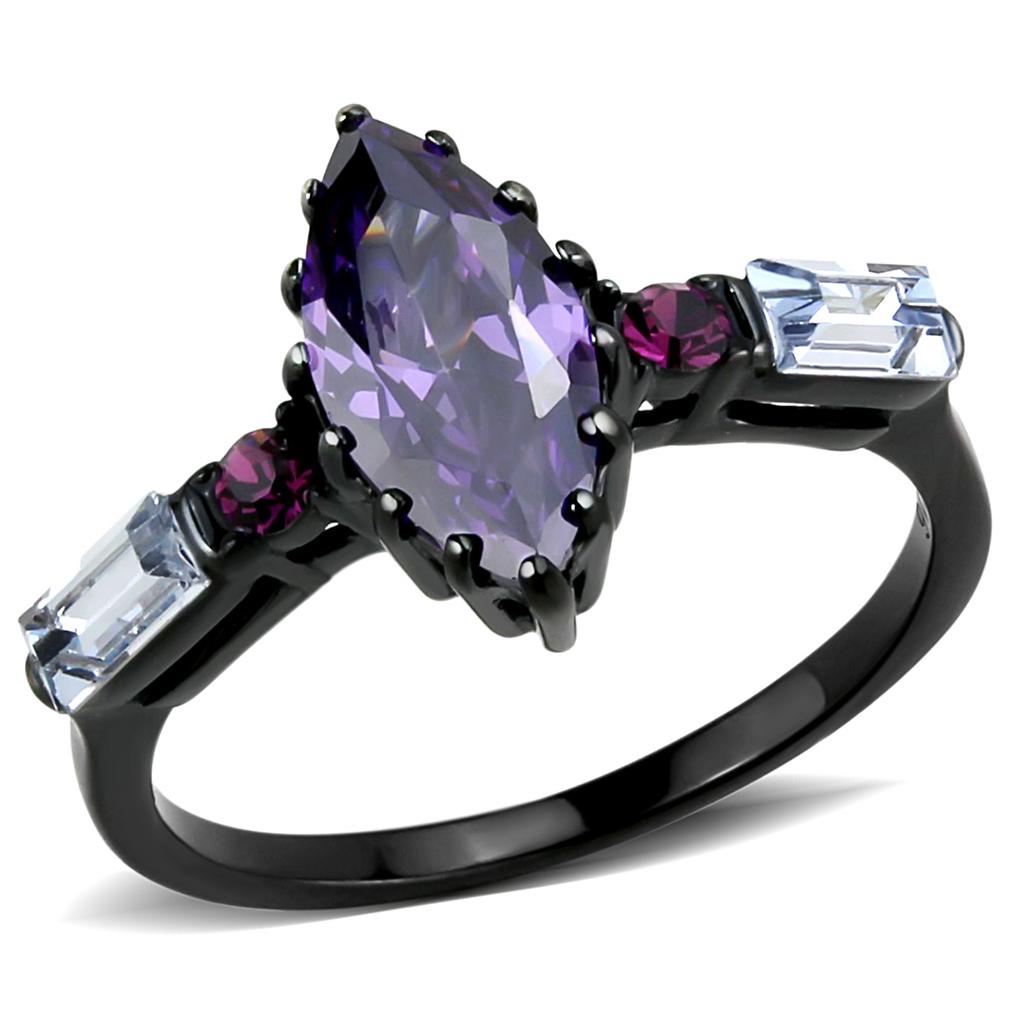 IP Black(Ion Plating) Stainless Steel Ring with AAA Grade CZ  in Amethyst