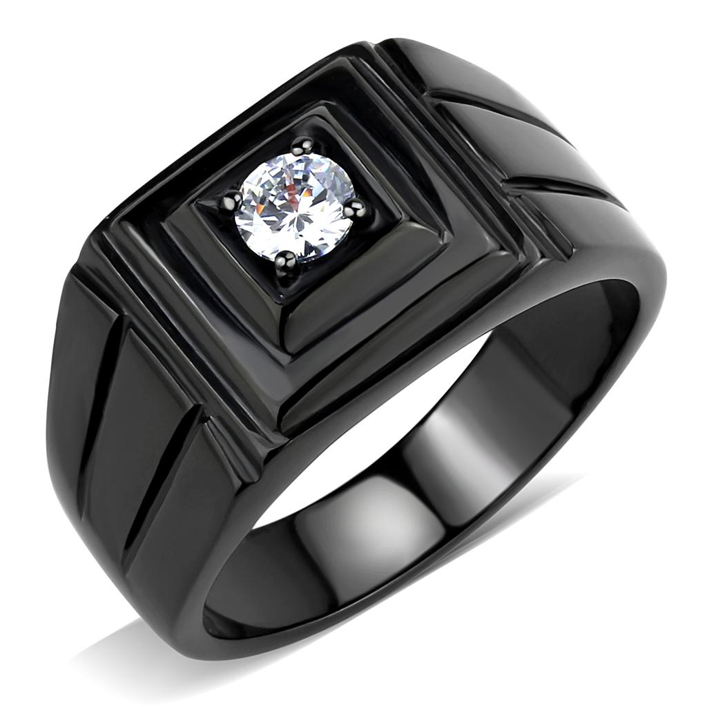 IP Black(Ion Plating) Stainless Steel Ring with AAA Grade CZ  in Clear