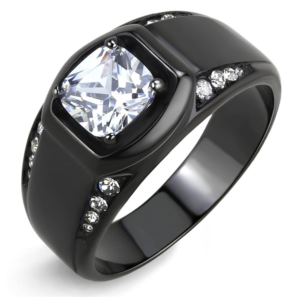 IP Black(Ion Plating) Stainless Steel Ring with AAA Grade CZ  in Clear
