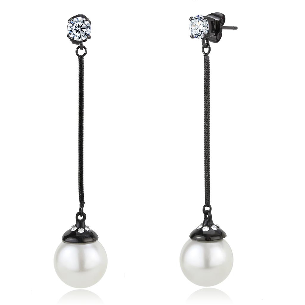 IP Black(Ion Plating) Stainless Steel Earrings with Synthetic Pearl in White