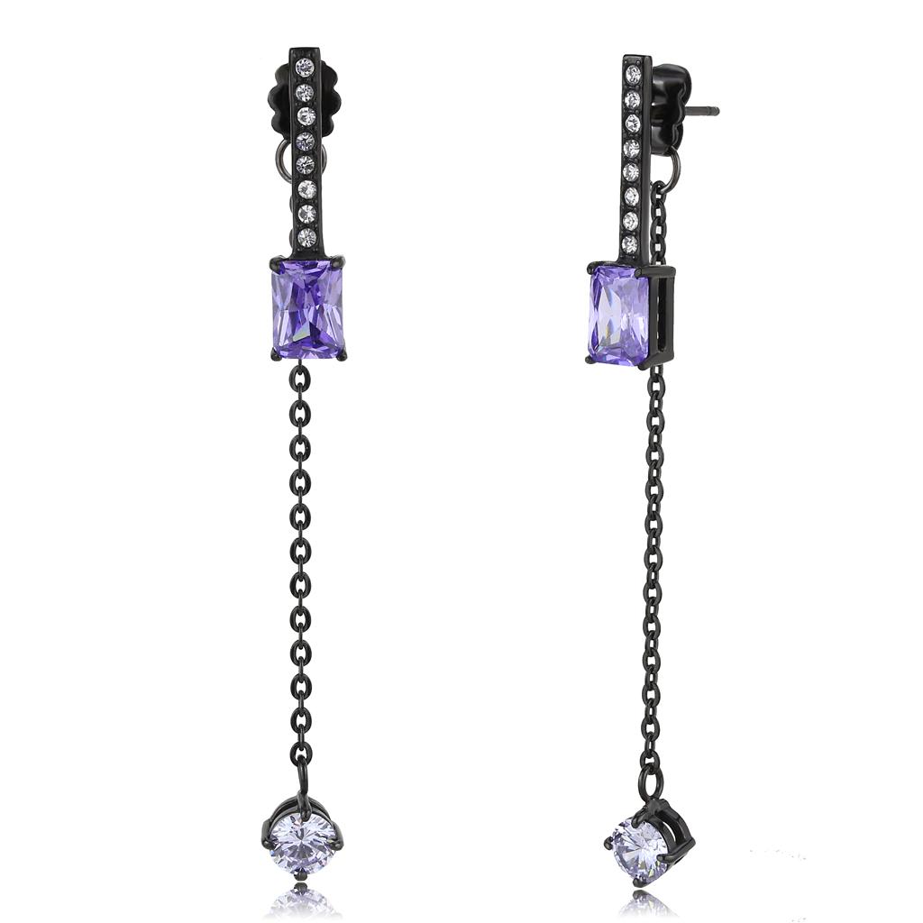 IP Black(Ion Plating) Stainless Steel Earrings with AAA Grade CZ  in Tanzanite