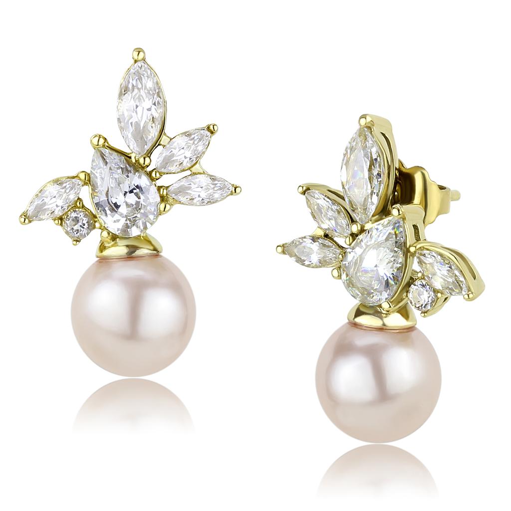 IP Gold(Ion Plating) Stainless Steel Earrings with Synthetic Pearl in Light Rose
