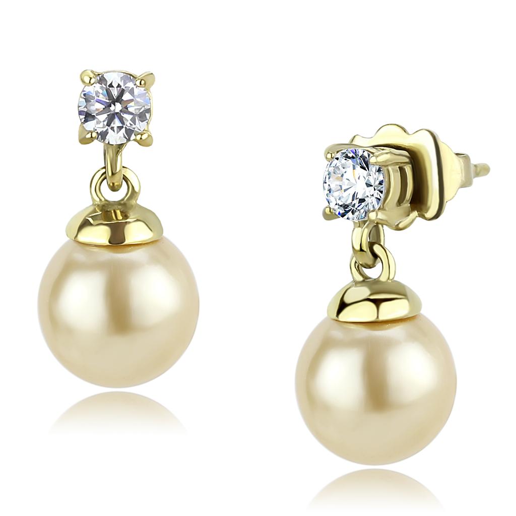 IP Gold(Ion Plating) Stainless Steel Earrings with Synthetic Pearl in Champagne
