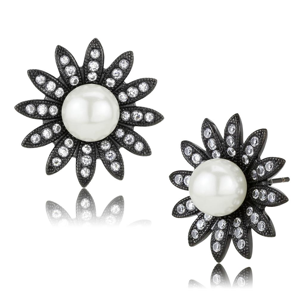 IP Black(Ion Plating) Stainless Steel Earrings with Synthetic Pearl in White