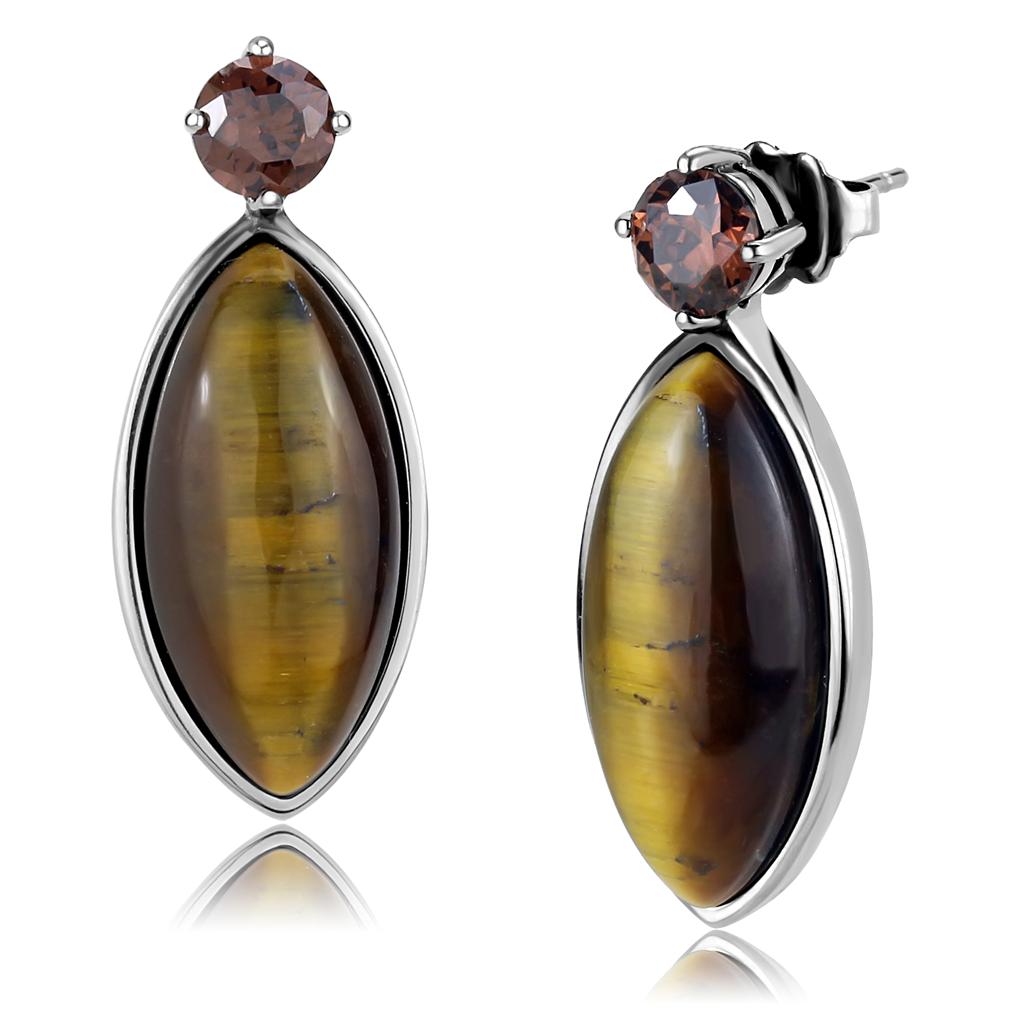 High polished (no plating) Stainless Steel Earrings with Semi-Precious Tiger Eye in Topaz
